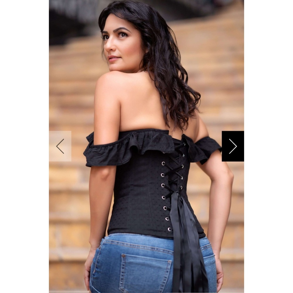 Corset Story Black Textured Cotton Corset Top Off The Shoulder UK 18 US 14 - Picture 4 of 16